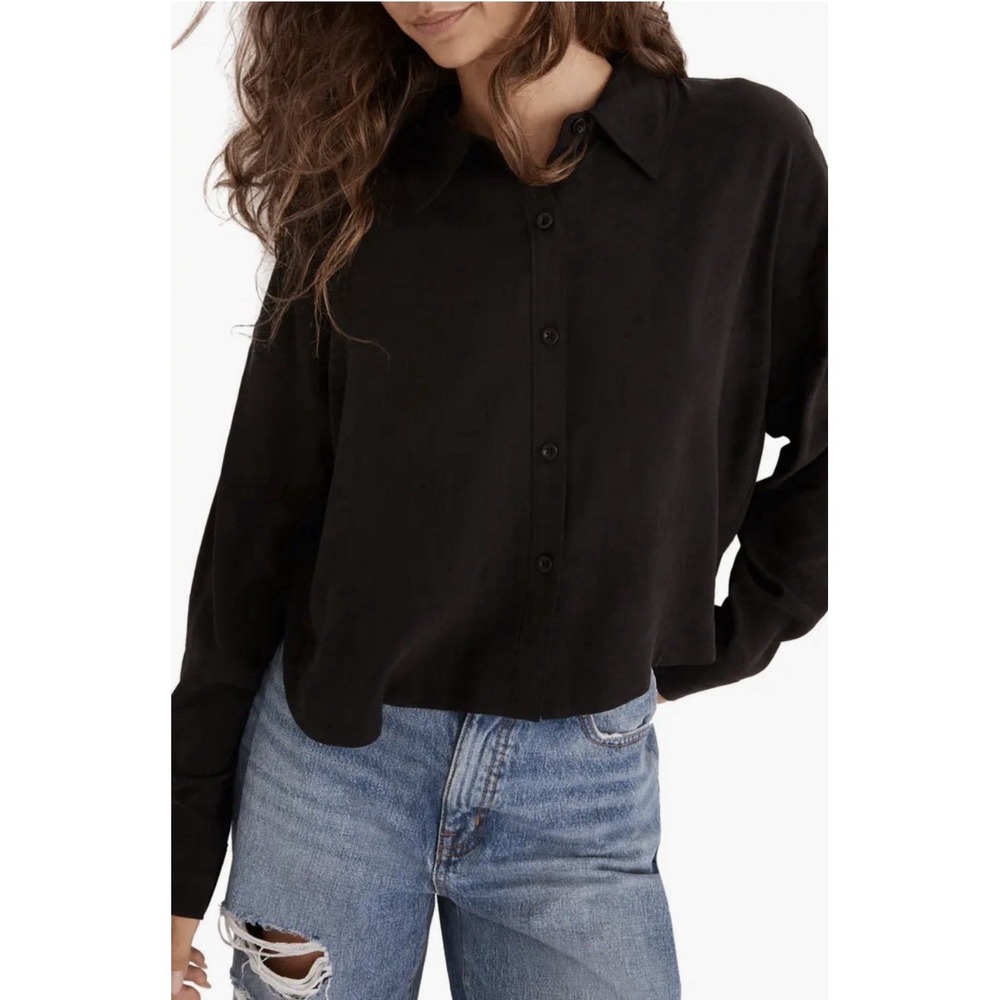 Madewell Luster Weave Hartfeild Button Crop Top Women M Black Lyocell Minimalist